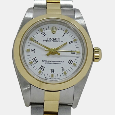 Pre-owned Rolex White 18k Yellow Gold And Stainless Steel Oyster Perpetual 76183 Automatic Women's Wristwatch 25 Mm