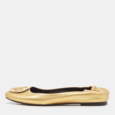 Pre-owned Tory Burch Gold Leather Reva Scrunch Ballet Flats Size 38.5