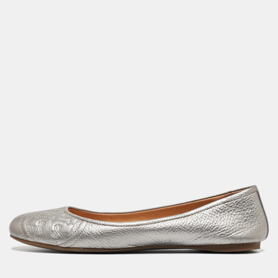 Pre-owned Tory Burch Silver Leather Lowell Ballet Flats Size 38 In Metallic