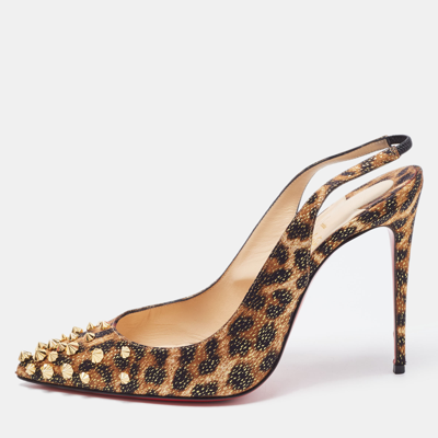 Pre-owned Christian Louboutin Tricolor Leopard Print Satin Spiked Drama Slingback Pumps Size 40 In Brown