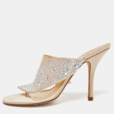 Pre-owned Gina Beige Satin Crystal Embellished Thong Sandals Size 39