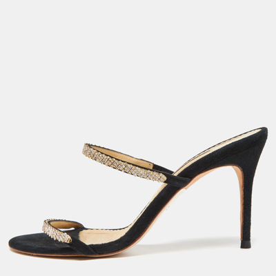 Pre-owned Ch Carolina Herrera Black Suede Crystals Embellished Slide Sandals Size 38
