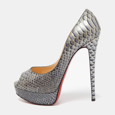 Pre-owned Christian Louboutin Two Tone Python Lady Peep Pumps Size 38 In Grey