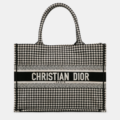 Pre-owned Dior Medium Houndstooth Embroidered Book Tote In Black