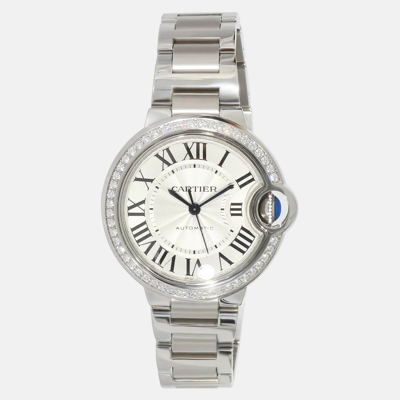 Pre-owned Cartier Silver Diamond Stainless Steel Ballon Bleu W4bb0023 Automatic Women's Wristwatch 33 Mm