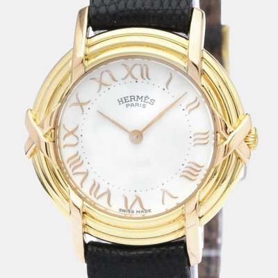Pre-owned Hermes White 18k Yellow Gold Ruban Quartz Women's Wristwatch 26 Mm
