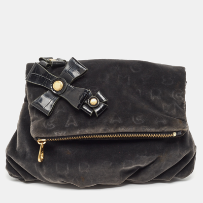 Pre-owned Marc By Marc Jacobs Grey/black Velvet And Croc Embossed Leather Bow Fold Over Clutch