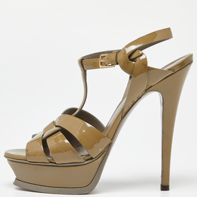 Pre-owned Saint Laurent Olive Green Patent Leather Tribute Sandals Size 37