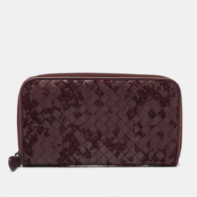 Pre-owned Bottega Veneta Burgundy Intrecciato Leather And Velvet Zip Around Wallet
