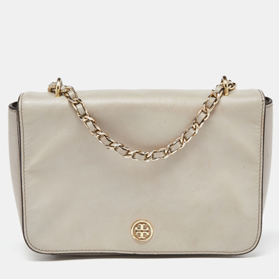 Pre-owned Tory Burch Beige Leather Flap Crossbody Bag In Grey
