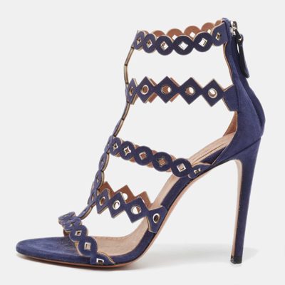 Pre-owned Alaïa Navy Blue Laser Cut Suede T-bar Ankle Strap Sandals Size 37