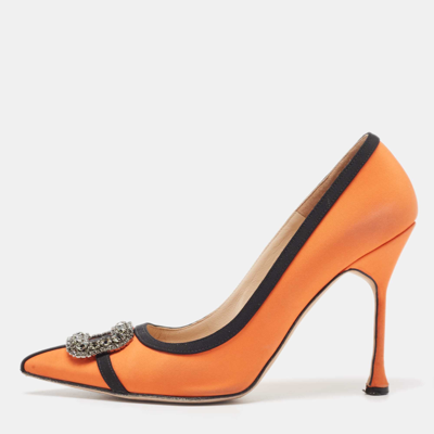 Pre-owned Manolo Blahnik Orange/black Fabric Gotrian Pumps Size 39.5