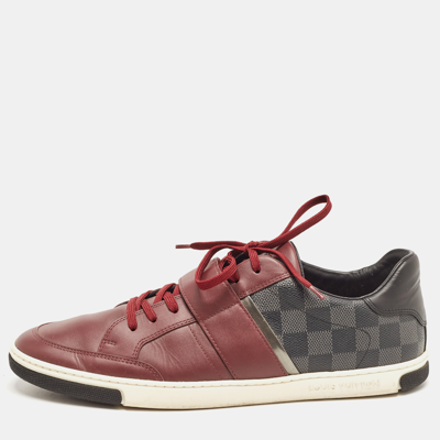 Pre-owned Louis Vuitton Two Tone Damier Ebene Fabric And Leather Sneakers Size 43 In Burgundy
