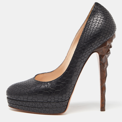 Pre-owned Casadei Black Python Embossed Leather Platform Pumps Size 36.5