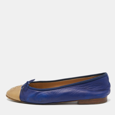 Pre-owned Chanel Blue/gold Leather Cc Cap Toe Bow Ballet Flats Size 38