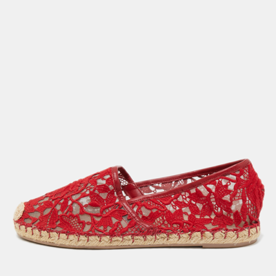 Pre-owned Valentino Garavani Red Floral Lace Espadrille Flats Size 39