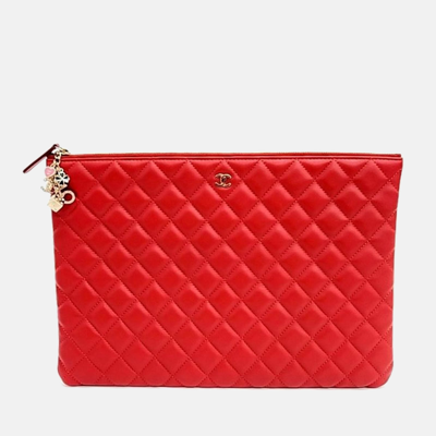 Pre-owned Chanel Lambskin Valentine Embellished Clutch Large Bag In Red