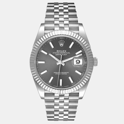 Pre-owned Rolex Rhodium 18k White Gold Stainless Steel Datejust 126334 Men's Wristwatch 41 Mm In Black