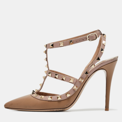 Pre-owned Valentino Garavani Brown/dusty Pink Leather Rockstud Ankle Strap Pumps Size 38