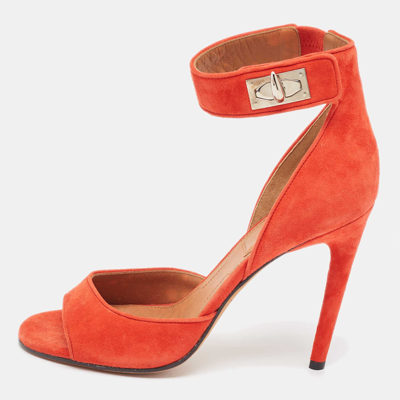 Pre-owned Givenchy Orange Suede Shark Lock Ankle Strap Sandals Size 38