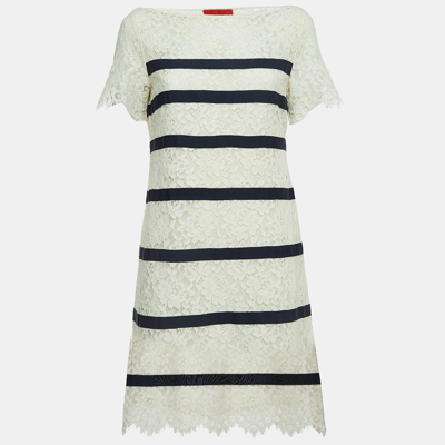 Pre-owned Ch Carolina Herrera Off-white Lace Contrast Stripe Detailed Mini Dress S