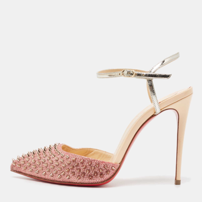 Pre-owned Christian Louboutin Pink/silver Lurex Fabric And Leather Baila Spike Ankle Strap Pumps Size 36