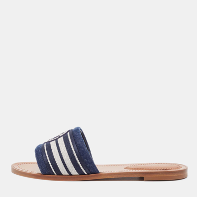 Pre-owned Louis Vuitton Navy Blue Canvas Lock It Flat Slides Size 39