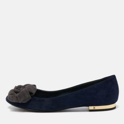 Pre-owned Louis Vuitton Navy Blue Suede Flower Embellished Ballet Flats Size 36.5