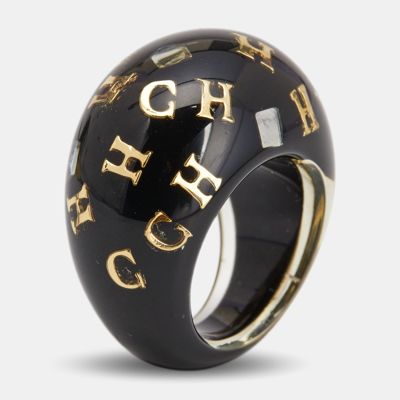 Pre-owned Ch Carolina Herrera Carolina Herrera Ch Black Resin Crystal Gold Tone Ring Size 54.5