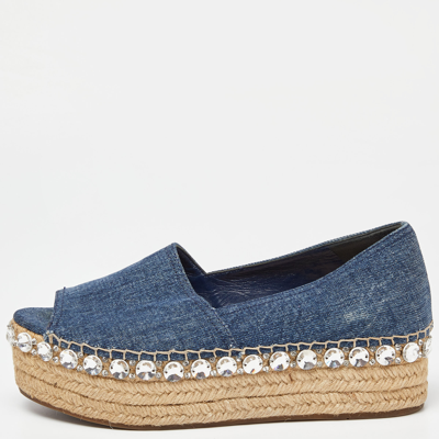 Pre-owned Miu Miu Blue Denim Platform Wedge Open Toe Espadrilles Size 38