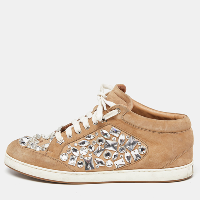 Pre-owned Jimmy Choo Beige Suede Miami Crystal Embellished Sneakers Size 41