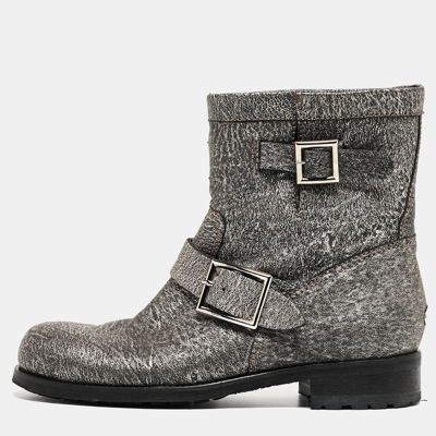 Pre-owned Jimmy Choo Grey Textured Leather Buckle Detail Ankle Boots Size 38