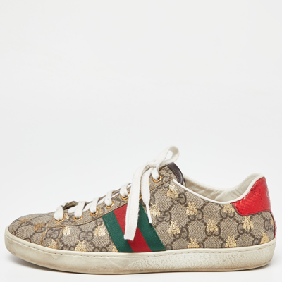 Pre-owned Gucci Beige Gg Supreme Canvas Bee Print Ace Low Top Trainers Size 39