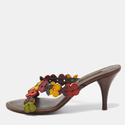 Pre-owned Louis Vuitton Multicolor Leather Flower Embellished Slide Sandals Size 37.5