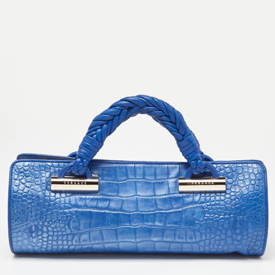 Pre-owned Versace Metallic Blue Croc Embossed Leather Frame Satchel