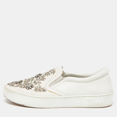 Pre-owned Dior White Leather And Canvas Crystal Embellished Slip On Sneakers Size 36