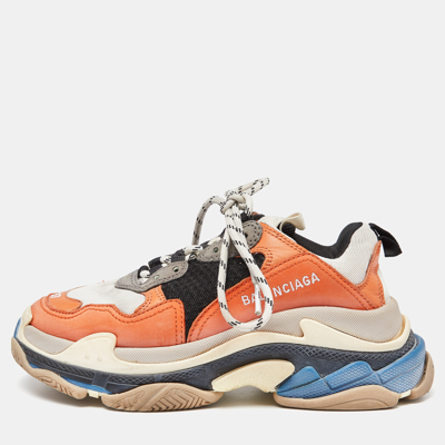 Pre-owned Balenciaga Tricolor Leather And Mesh Triple S Sneakers Size 37 In Orange