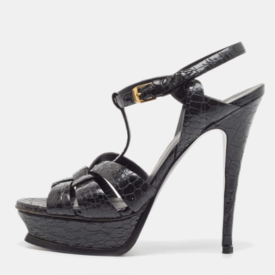 Pre-owned Saint Laurent Black Python Embossed Leather Tribute Sandals Size 40