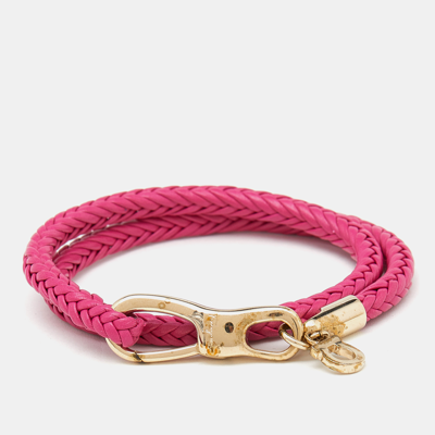 Pre-owned Ferragamo Pink Braided Leather Gold Tone Wrap Bracelet