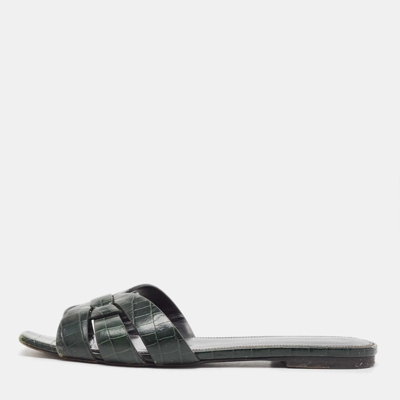 Pre-owned Saint Laurent Dark Green Croc Embossed Leather Tribute Flat Slides Size 37.5