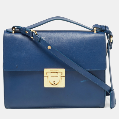 Pre-owned Ferragamo Navy Blue Leather Gancio Lock Shoulder Bag