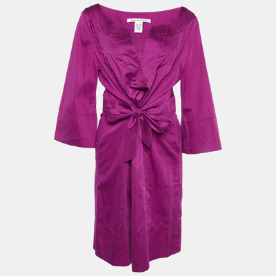 Pre-owned Diane Von Furstenberg Magenta Cotton Pintuck Tie Detail Faustine Dress Xl In Purple