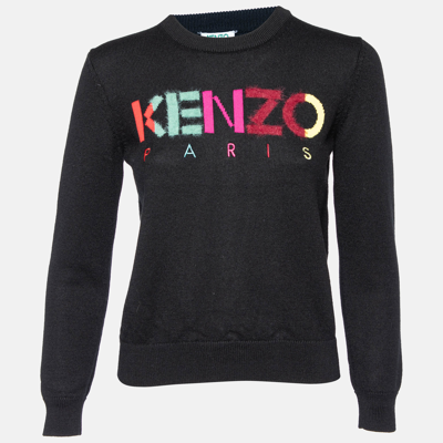 Pre-owned Kenzo Black Wool Knit Logo Intarsia Knit Sweater L