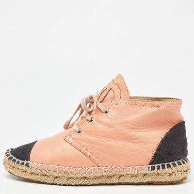 Pre-owned Chanel Orange/black Leather And Canvas Cap Toe High Top Espadrille Sneakers Size 37