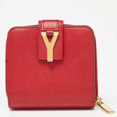 Pre-owned Saint Laurent Red Leather Y Line Zip Compact Wallet