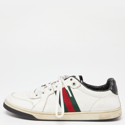 Pre-owned Gucci White/black Leather Ace Web Detail Low Top Trainers Size 39