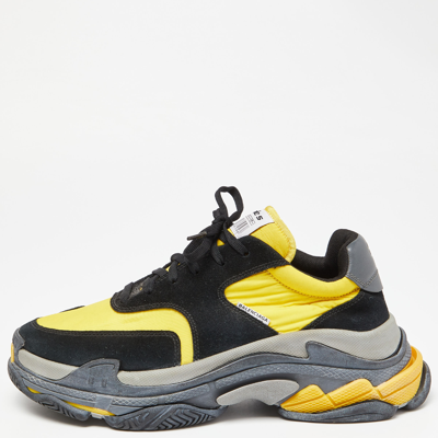 Pre-owned Balenciaga Black/yellow Suede And Nylon Triple S Trainers Size 44
