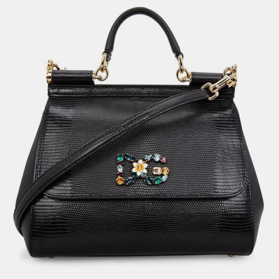 Pre-owned Dolce & Gabbana Black Lizard Embossed Leather Crystal Dg Logo Medium Miss Sicily Bag