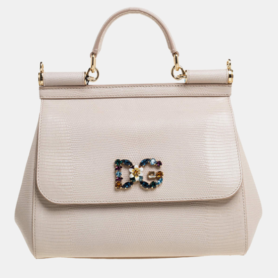 Pre-owned Dolce & Gabbana Beige Lizard Embossed Leather Crystal Dg Logo Small Miss Sicily Bag