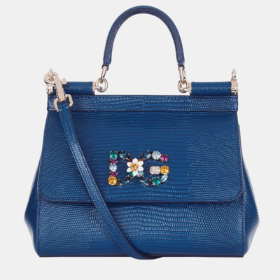 Pre-owned Dolce & Gabbana Blue Iguana Embossed Leather Crystal Dg Logo Small Miss Sicily Bag